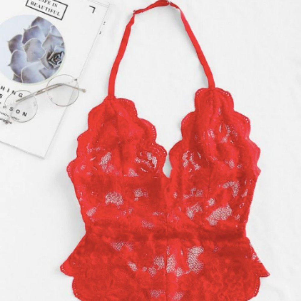 Halter Scalloped Lingerie Teddy - Red